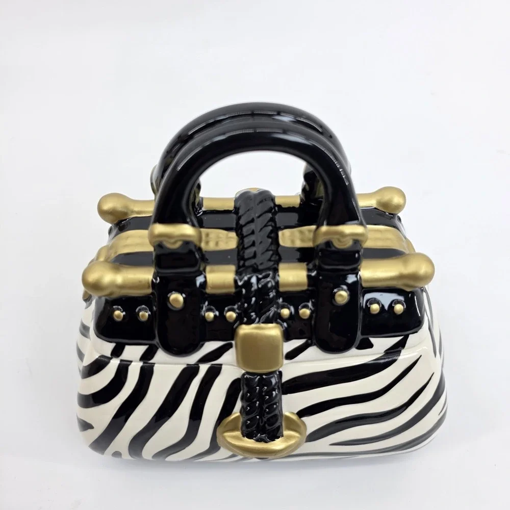 David's Cookies Jar Zebra Print Handbag Black White Gold Cookie Jar Vtg New